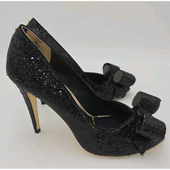Ted Baker London Keanah Big Bow Peep Toe Black Sparkles High Heel Pumps Shoes 9 - Picture 5 of 14